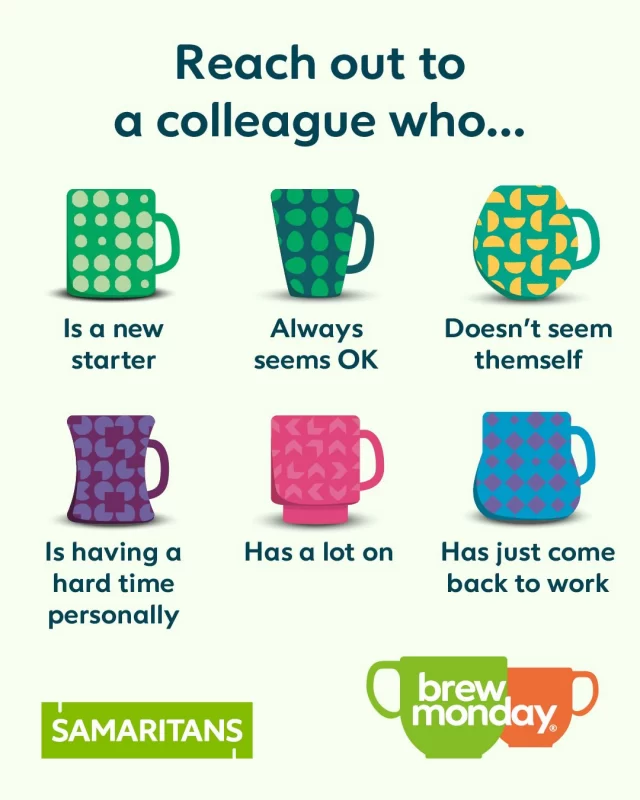 It’s Brew Monday today, and we will be having a cuppa and checking in with each other here at Hillcrest💚 
We’re proud to support Samaritans hashtag#BrewMonday campaign ☕ People can feel low on any day of the year but connecting over a cuppa is a great way to check in with each other 💚 https://bit.ly/3aaYyUD ​ 
#brewmonday #blockmanagement #team #mentalhealthawareness
